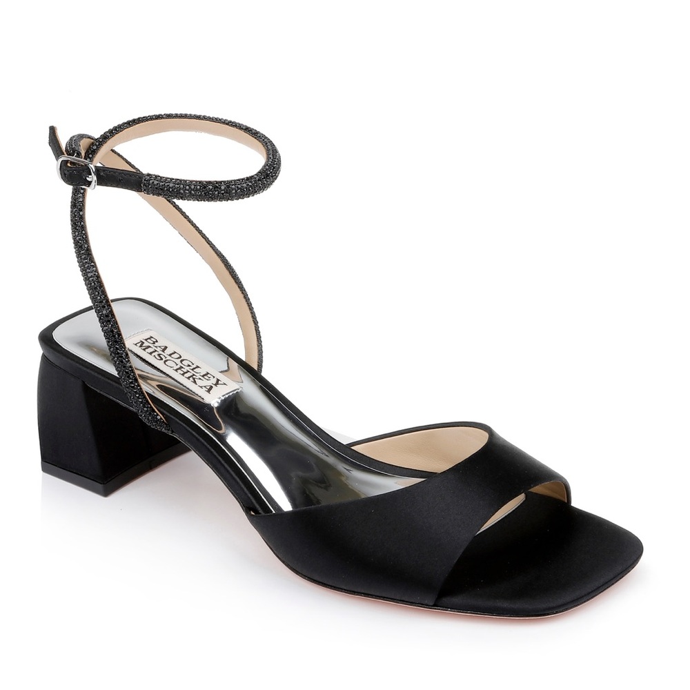 Badgley Mischka Black Infinity Satin Block Heels with Ankle Strap
